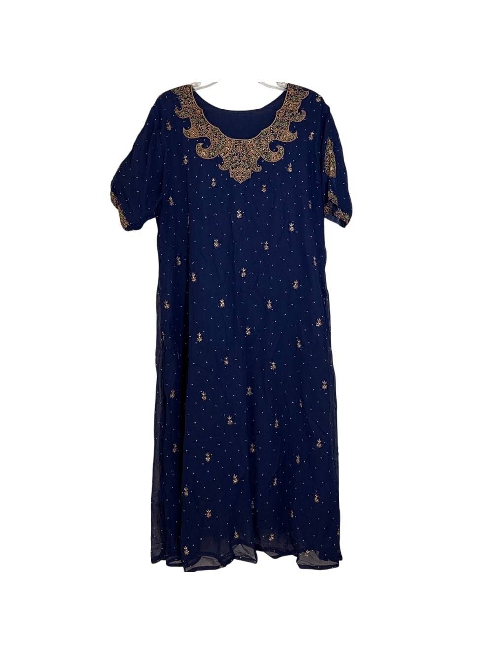 Navy Blue Kurtas Embroidered Collar, Sleeves & Body, 22 Inch Side Slits, Lined